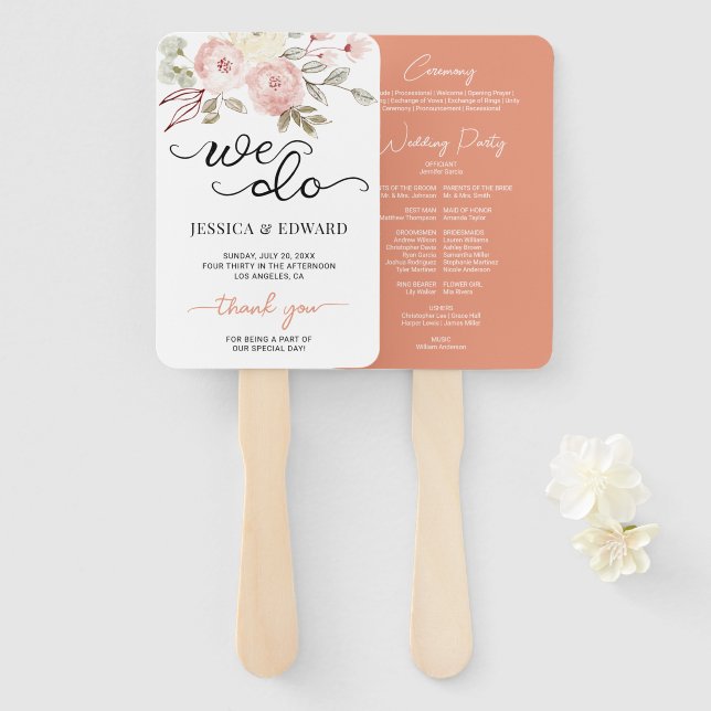 Leque Programa Moderno de Casamento Floral Elegante de S (Frente e Verso)