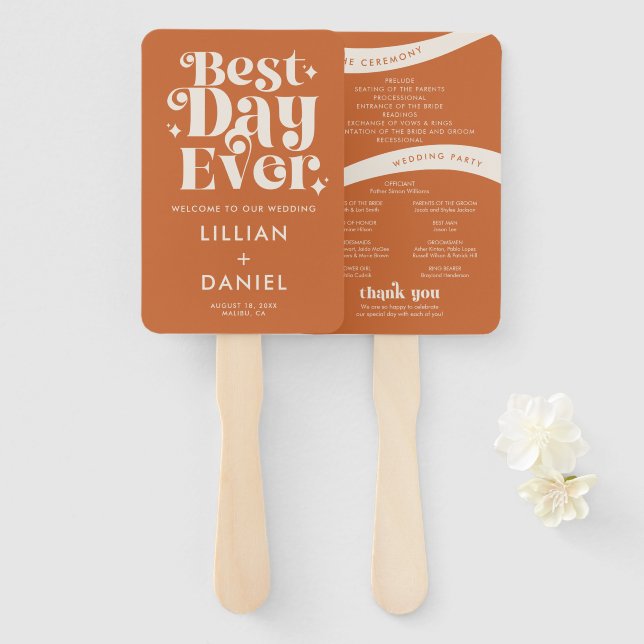 Leque Programa Moderno de Casamento Laranja Retro (Frente e Verso)
