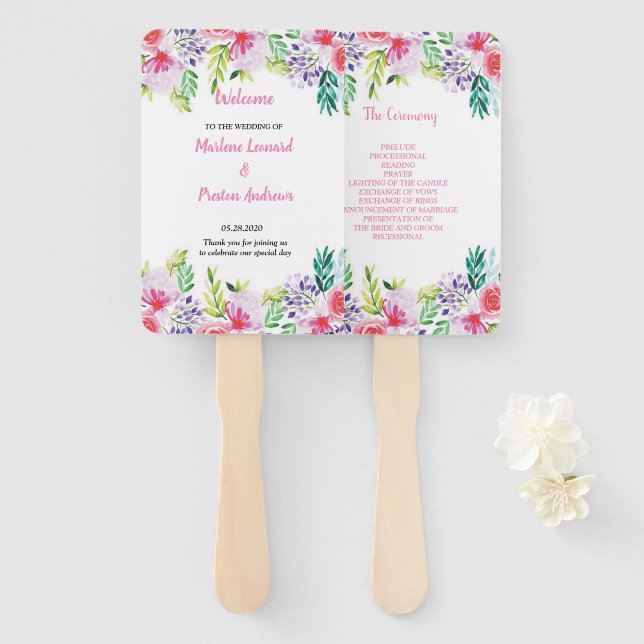 Leque Programa moderno elegante de Casamento Floral por  (Frente e Verso)