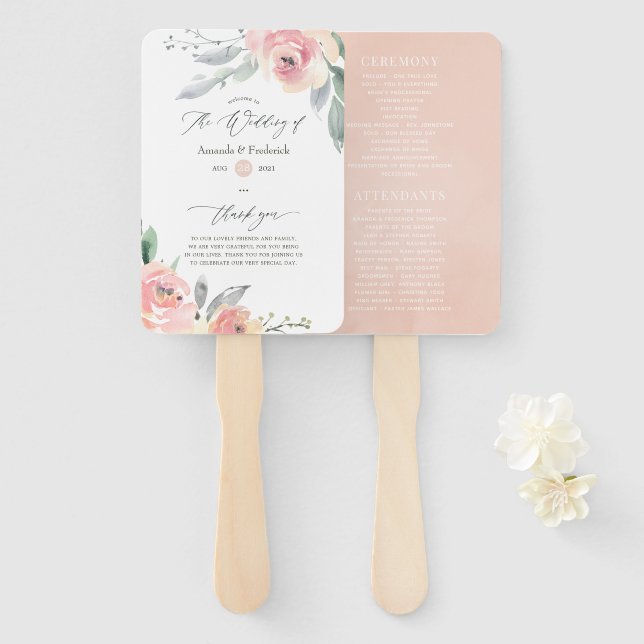 Leque Programa Pastel Blush Floral de Casamento Rosa (Frente e Verso)