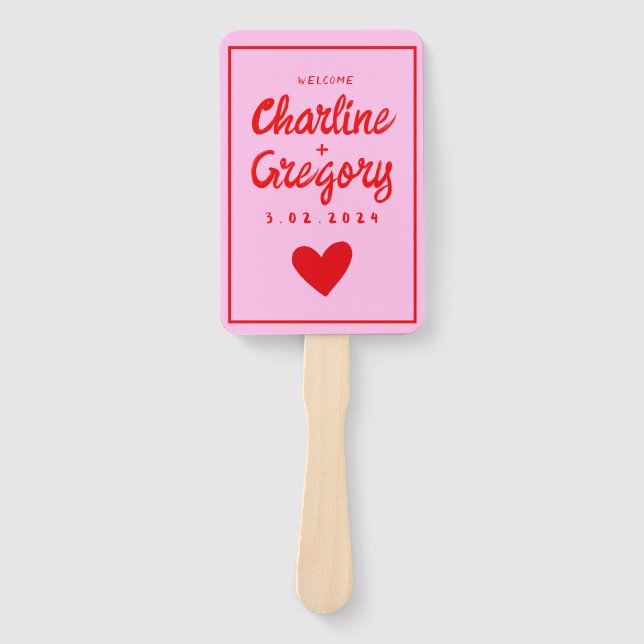 Leque Programa Red Pink Modern Handwrite Wedding (Frente)