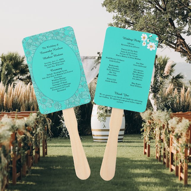 Leque Programa Romântico de Casamento de Turquesas Flora (Romantic Daisies Floral Turquoise Wedding Program Hand Fan)