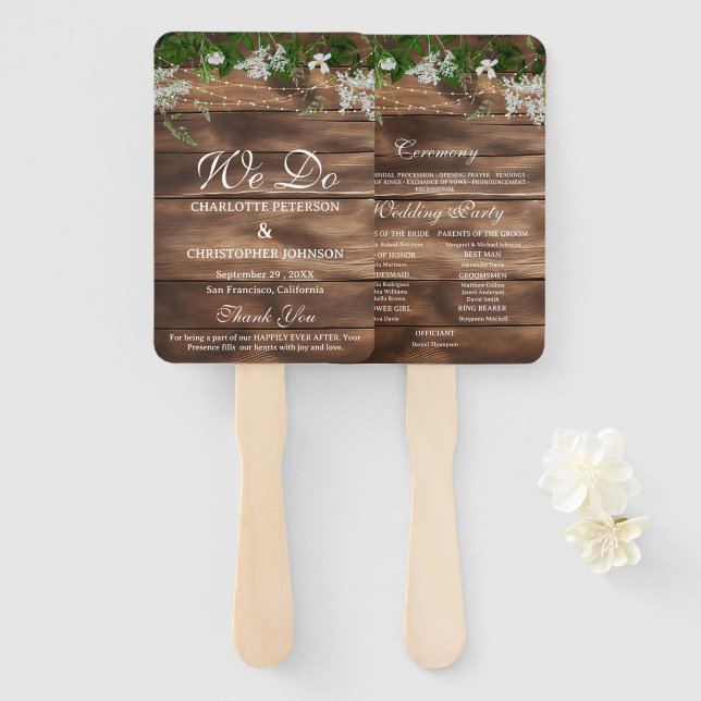 Leque Programa Rustic Barn Wood Floral Weding Program (Frente e Verso)