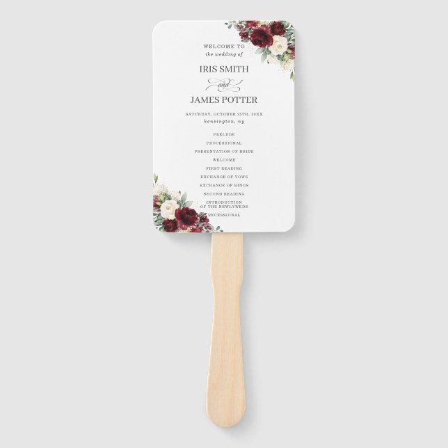 Leque Programa Rustic Burgundy Ivory Floral Casamento (Frente)