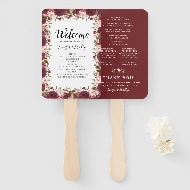 Leque Programa Rustic Burgundy Marsala - Casamento Flora (Frente e Verso)