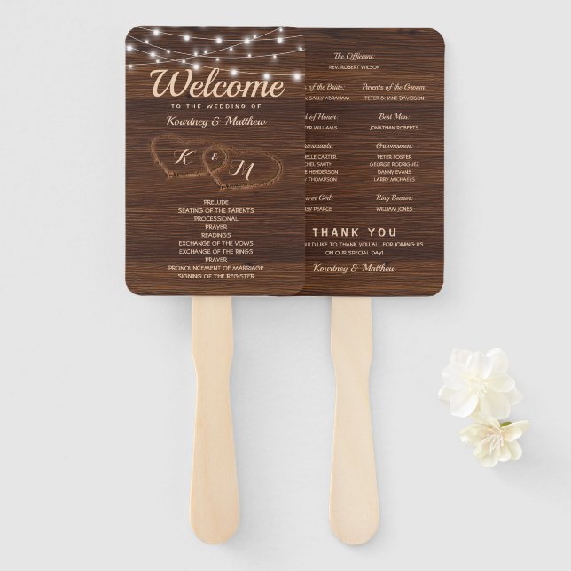 Leque Programa Rustic Country Carved Wood Heart Weding P (Frente e Verso)