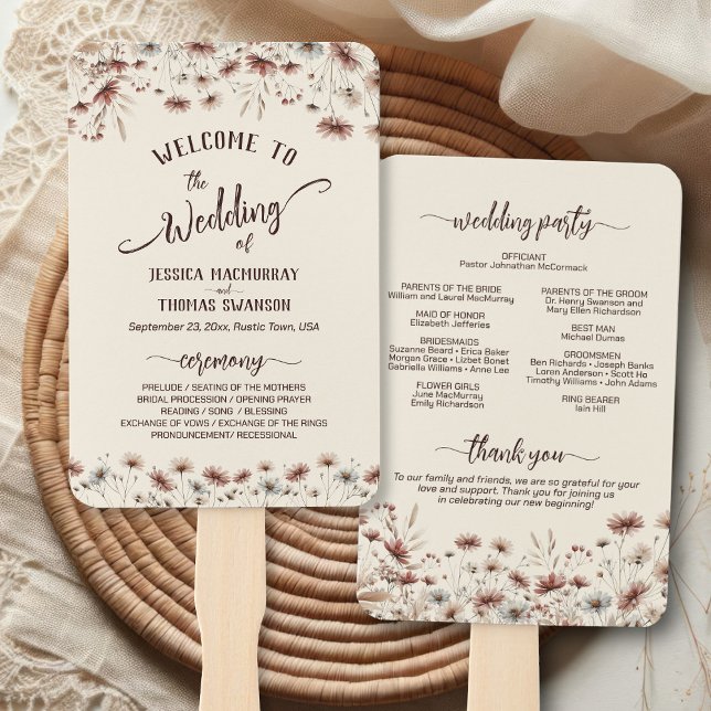 Leque Programa Rustic Earthtone Boho Wildflower Weding (Front/Back)