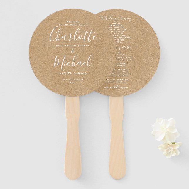 Leque Programa Rustic Kraft Elegant Script Wedding (Frente e Verso)