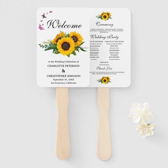 Leque Programa Rustic Sunflower & Butterfly (Frente e Verso)