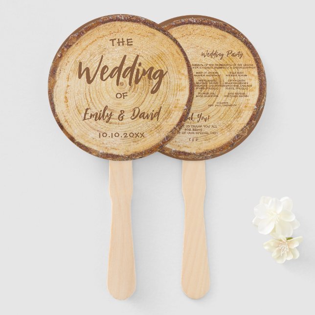 Leque Programa Rustic Wood Wedding Manuscrito Brown (Frente e Verso)