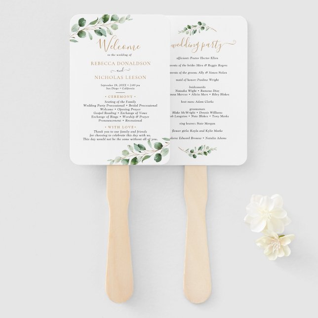 Leque Programa Simples Eucalyptus Greenery Dourado Casam (Frente e Verso)