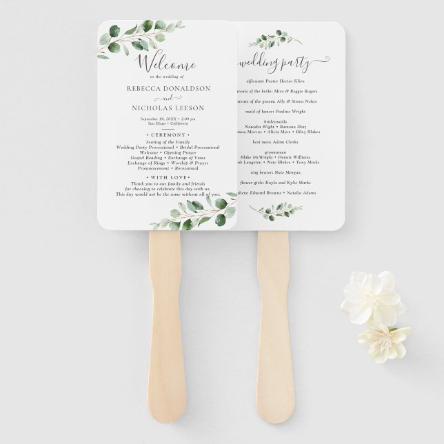 Leque Programa Simples Eucalyptus Greenery Weding (Frente e Verso)