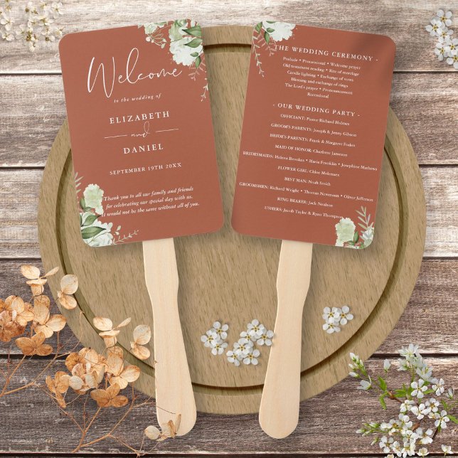 Leque Programa Teracotta Floral Greenery Wedding (Terracotta Floral Greenery Wedding Program Hand Fan)