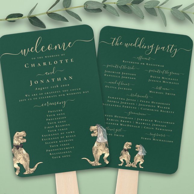 Leque Programa Verde da Cerimônia de Casamento do Tema D (Dinosaur theme wedding program dark green fan fun T-Rex bride and groom dinos elegant modern script )