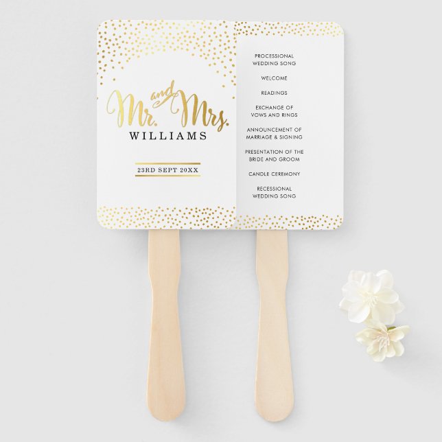 Leque PROGRAMA WEDDING FAN mr and rs chic gold confetti (Frente e Verso)