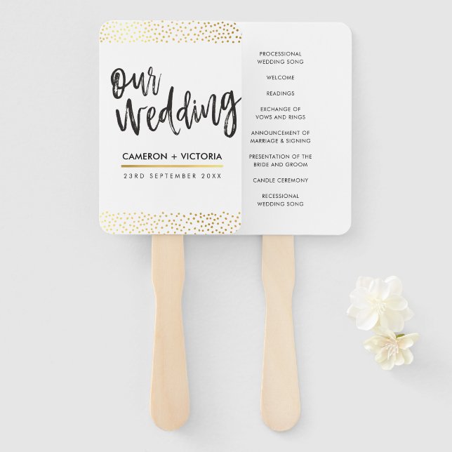 Leque PROGRAMA WEDDING FAN na moda cic gold confetti (Frente e Verso)
