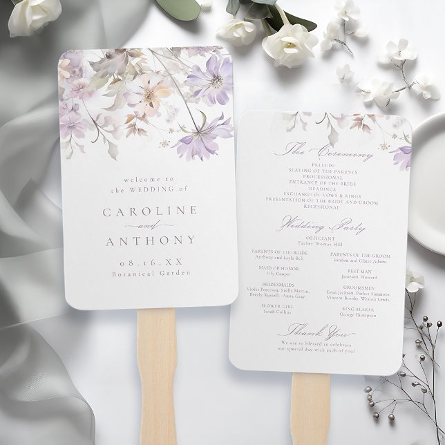Leque Programas de Casamento Boho Florais Elegantes Roxo (Purple Elegant Floral Boho Wedding Programs Hand Fan)