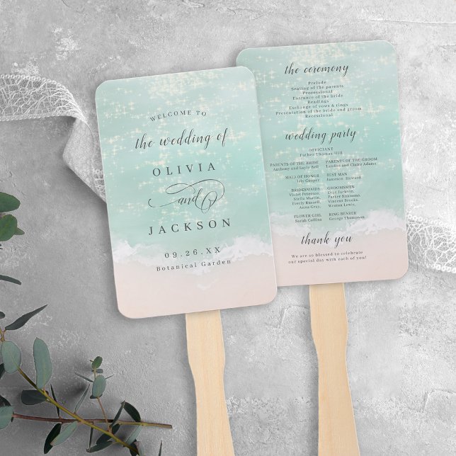 Leque Programas de casamento Elegante e espumante da pra (Elegant sparkling ocean beach wedding programs hand fan)