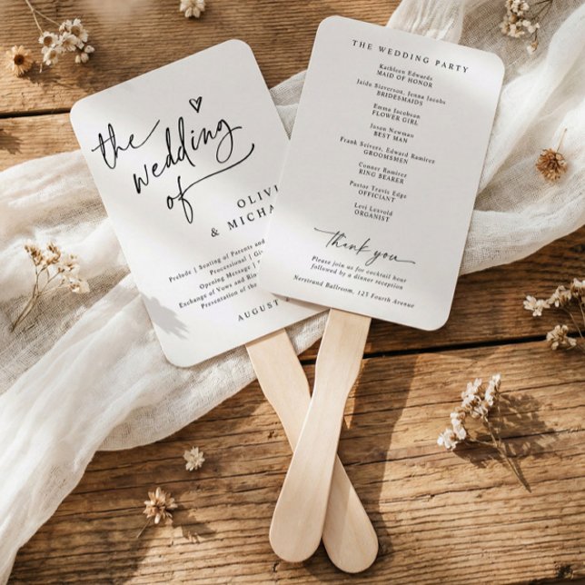 Leque Programas de Casamento Elegantes com Coração Minim (Modern black and white wedding program fan with fun script, clean typography, and minimalist layout)