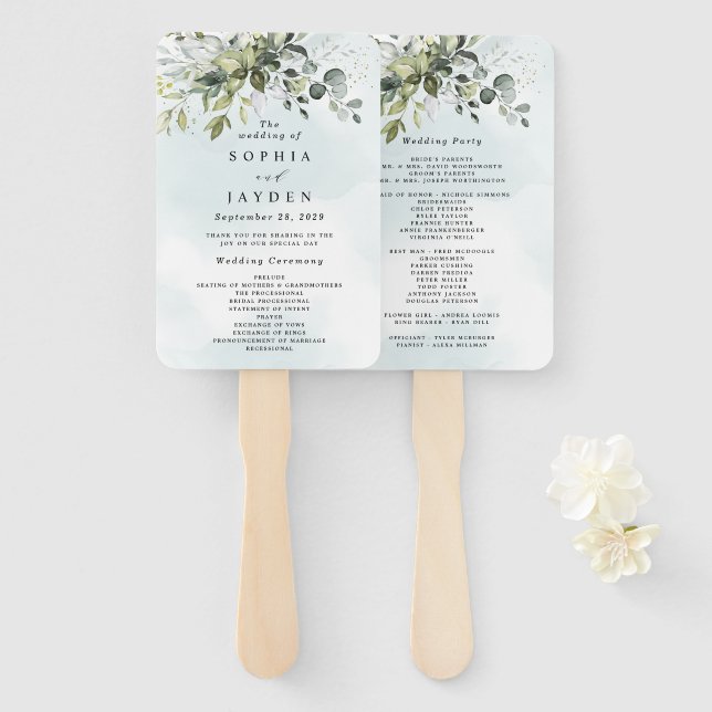 Leque Programas de Casamento Eucalyptus Verdes Dusty Blu (Frente e Verso)