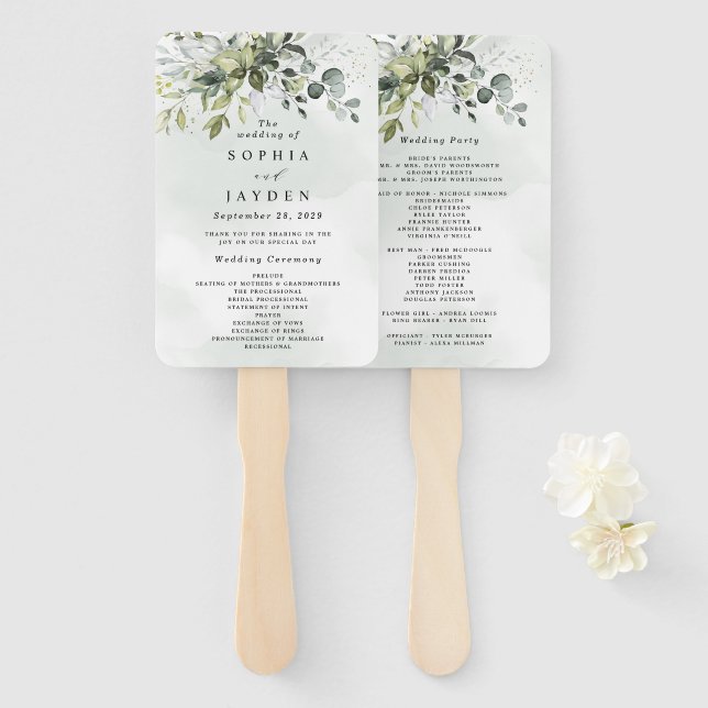 Leque Programas de Casamento Eucalyptus Verdes Dusty Blu (Frente e Verso)