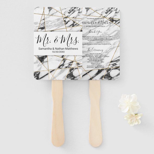 Leque Programas de Casamento Geométrico Dourado de Marbl (Frente e Verso)