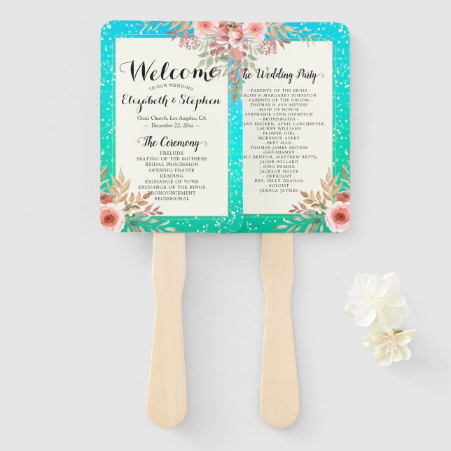 Leque Programas de Casamento Pontos Dourados do Teal Flo (Frente e Verso)