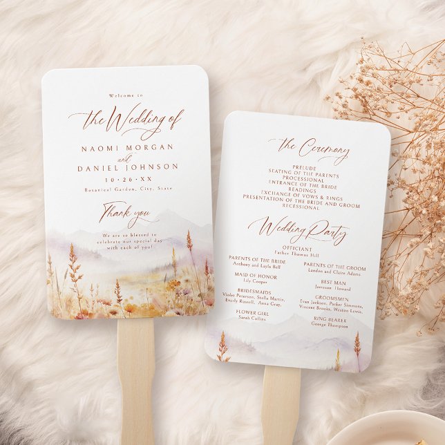 Leque Programas de Casamento Rústico de Montanha de Flor (Fall Wildflower Mountain Rustic Wedding Programs Hand Fan)
