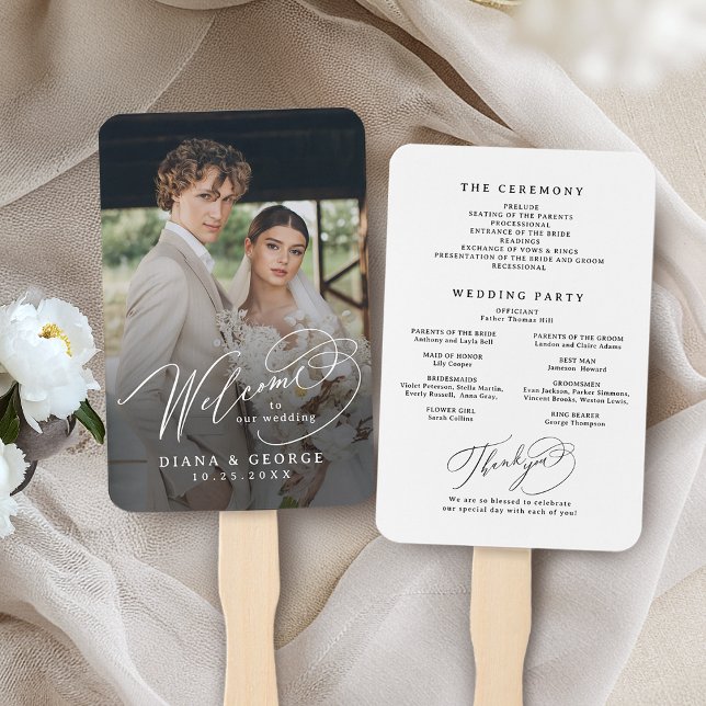Leque Programas de Casamento Simples Rolo de Script Eleg (Elegant Swirl Script Simple Wedding Programs Hand Fan)