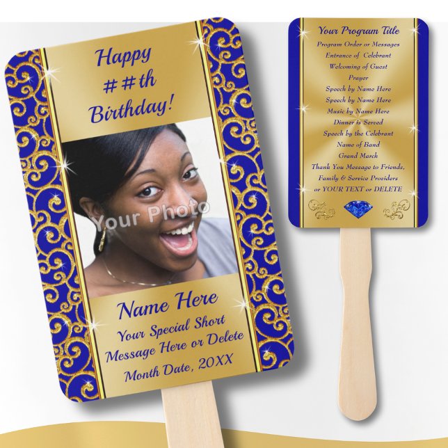 Leque Programas de Festas de Aniversário Personalizados  (Personalized, Birthday Party Programs for Adults. Royal blue and gold, birthday party hand fans. )