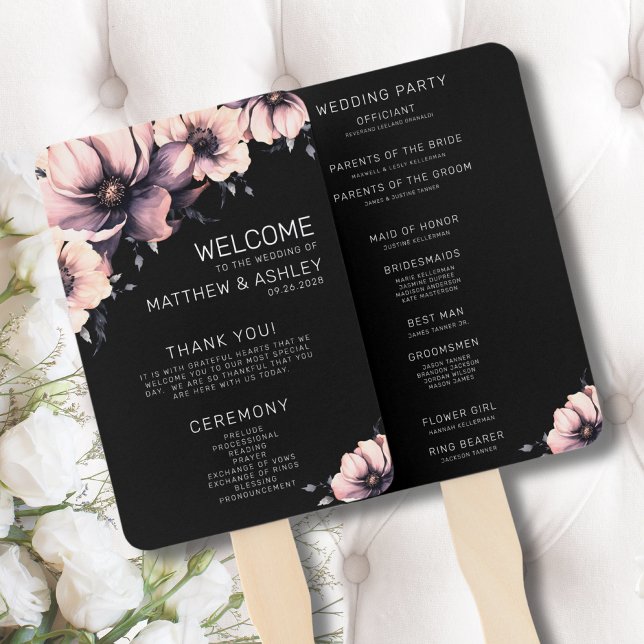 Leque Programas únicos de Casamento Floral Rosa Rosa Mod (Unique Modern Boho Floral Black Pink Wedding Hand Fan)