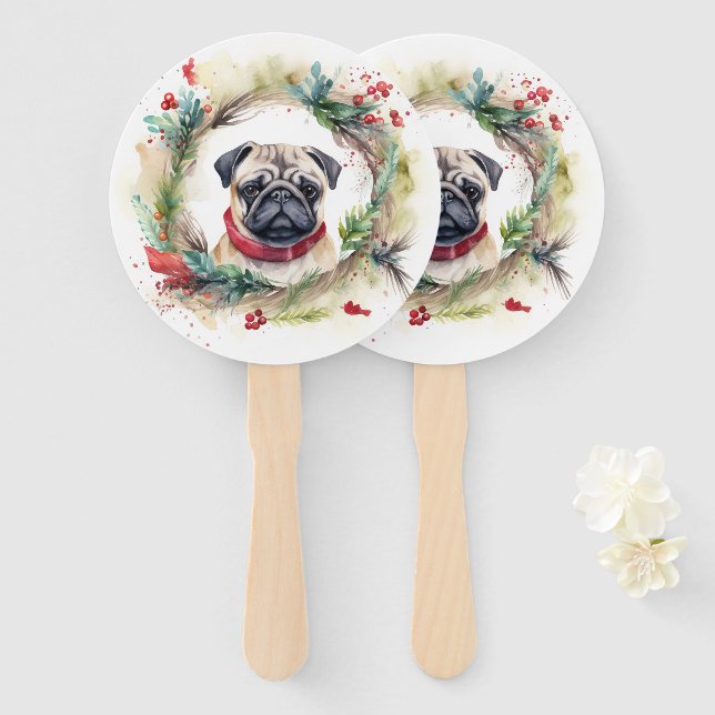 Leque Pug Christmas Wreath Festivo Pup (Frente e Verso)