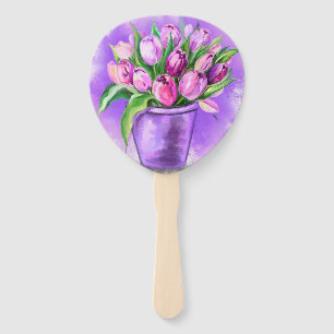 Leque Purple Tulips In Purple Flower Pot Hand Fan