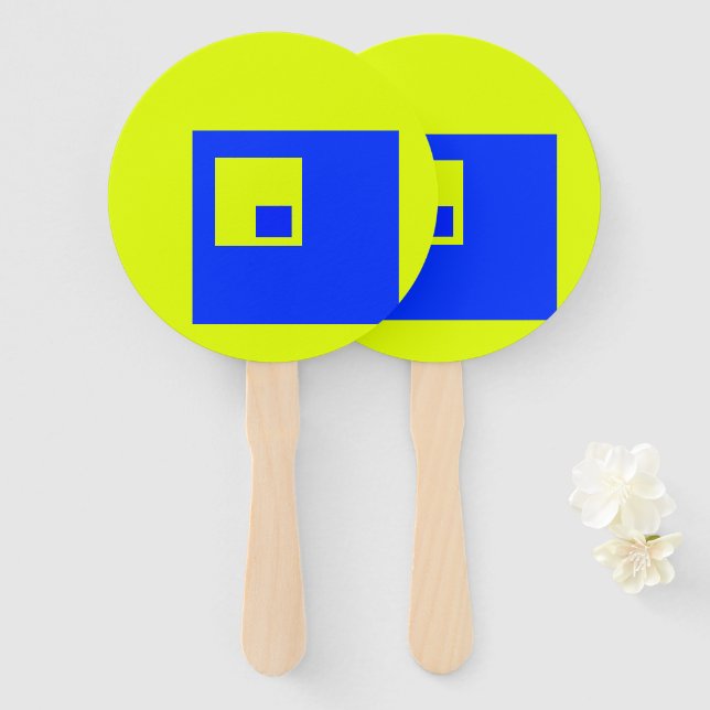 Leque Quadrados amarelos e azuis (Frente e Verso)