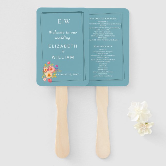 Leque Quadro com Rosas, estilo de casamento em azul retr (Frente e Verso)