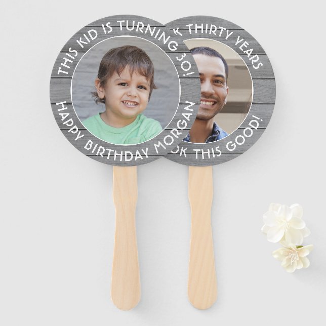 Leque QUALQUER Aniversário 2 Fotografias Simples Cinzas  (Frente e Verso)