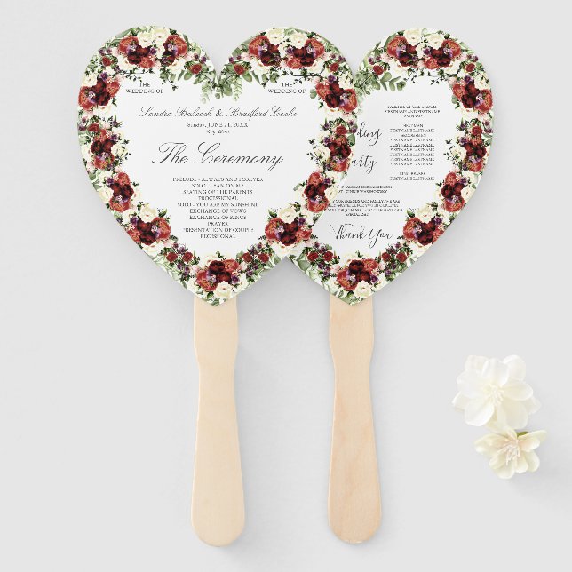 Leque Queda Floral Soft Terracotta Cream Borgonha Coraçã (Frente e Verso)