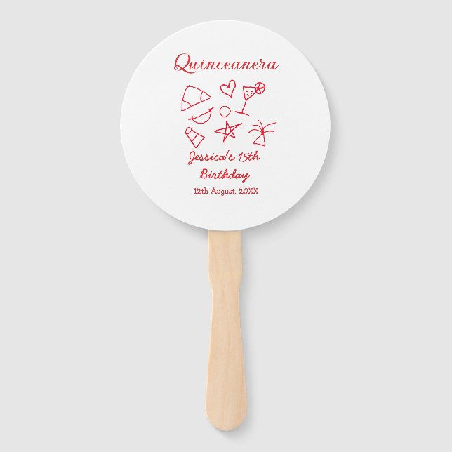 Leque Quinceanera 15th birthday red beach party tree sun (Frente)