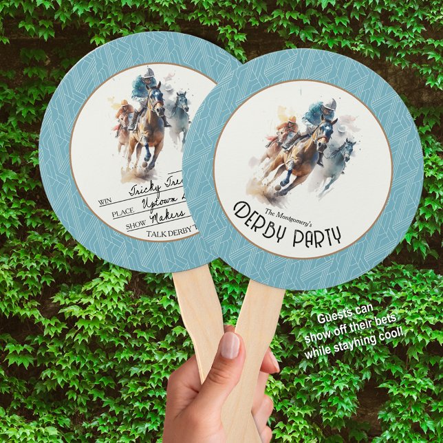 Leque Racecavalo Derby Party Turquoise (Derby hand fans keep guests cool and they can write their bets on one side.)