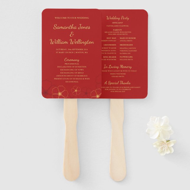 Leque Red Dourado Cherry Blossoms Fan Weding Program (Frente e Verso)