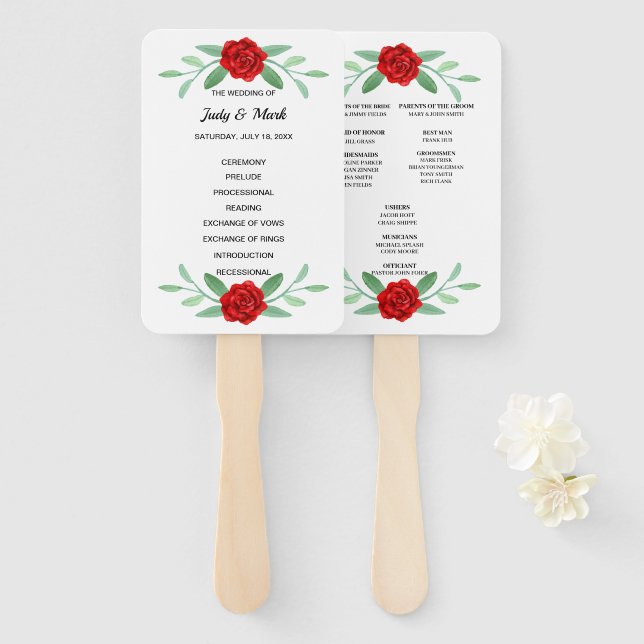Leque Red Floral Greenery Foliage Wedding Program Fans (Frente e Verso)