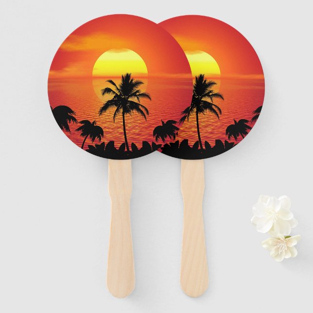 Leque Red Sun Tropical Palm Beach (Frente e Verso)