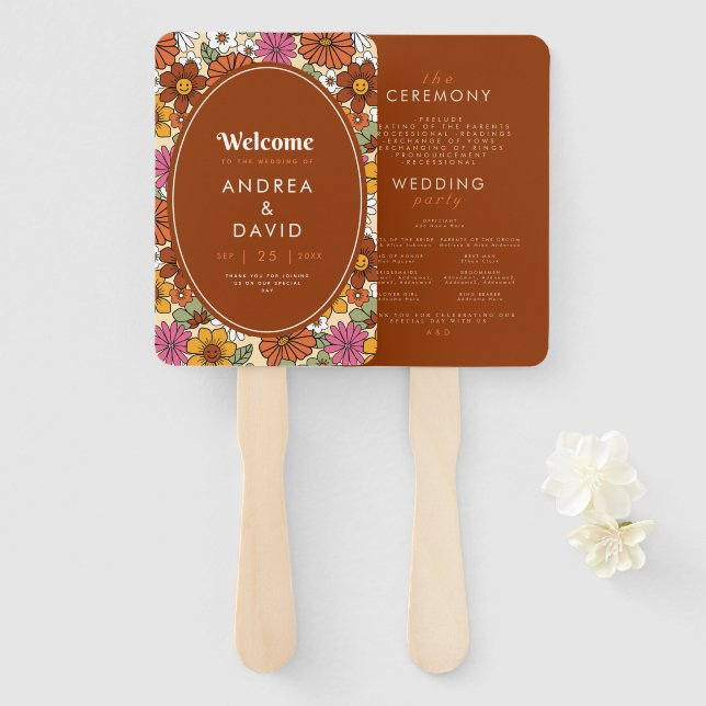 Leque Retro Groovy Hippie Margarida Floral Terracotta 70 (Frente e Verso)