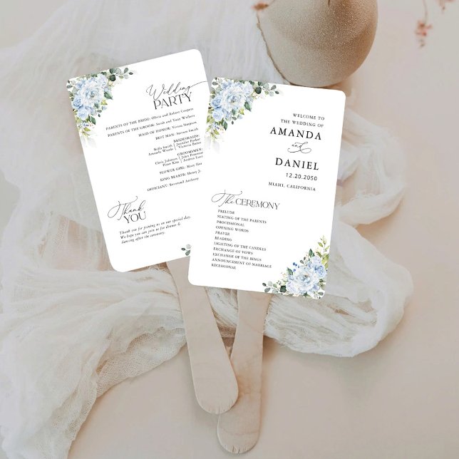 Leque Romantic Light Blue Floral Wedding Program  (Criador carregado)