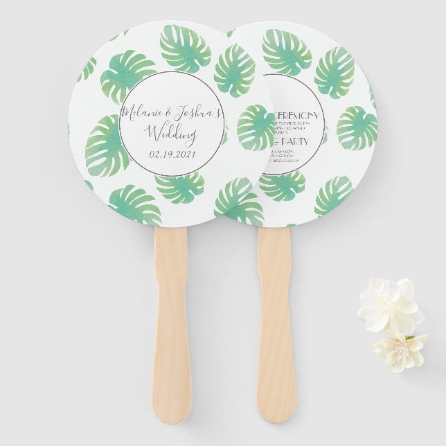 Leque Rosa de Casamento Monstera Aquarela (Frente e Verso)