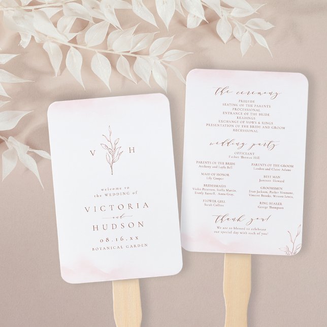 Leque Rosa ouro simples folhas monograma programa de cas (Rose gold simple leaves monogram wedding program hand fan)