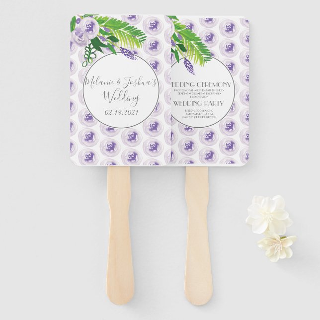 Leque Rosa Redonda de Noiva Floral Roxa Aquarela Poppie (Frente e Verso)