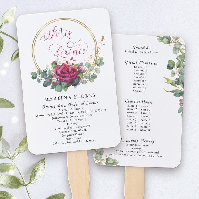 Leque Rosa vermelha e Eucalyptus Ordem dos Eventos Venti (Mis Quince Programs, printed on hand fans. Add any info you wish such as order of events, VIP names)
