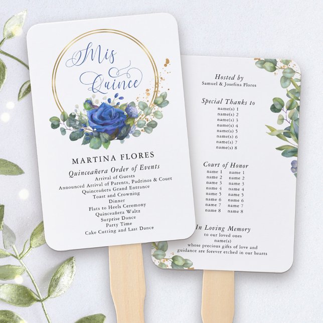 Leque Rosas azuis e Eucalyptus Ordem dos Eventos (Mis Quince Programs, printed on hand fans. Add any info you wish such as order of events, VIP names)
