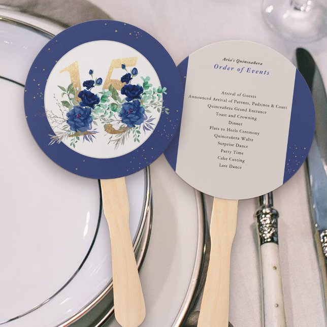 Leque Rosas Real Quinceanera Ordem dos Acontecimentos (Quinceanera Program Hand Fans with Order of Events and Gold number 15 and floral arrangement)